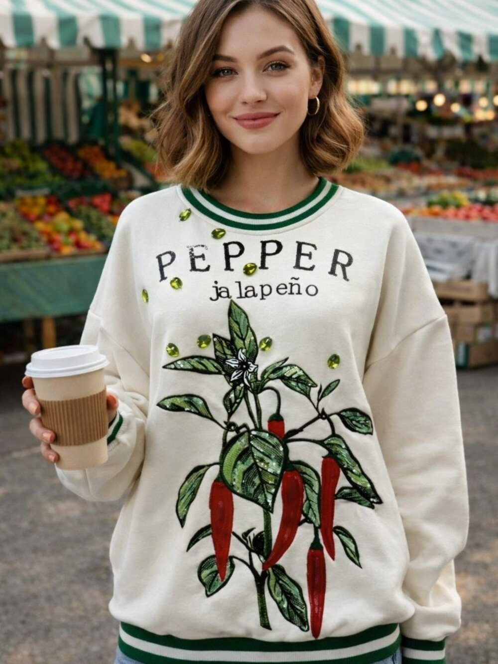 NWT Queen of Sparkles Beige Jalapeño Pepper Seed Packet Sweatshirt